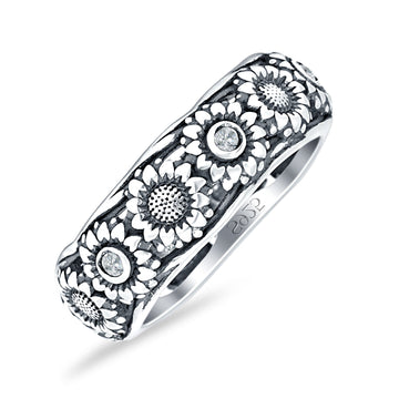 Sunflower Oxidized Statement Wedding Band Cubic Zirconia 925 Sterling Silver Wholesale